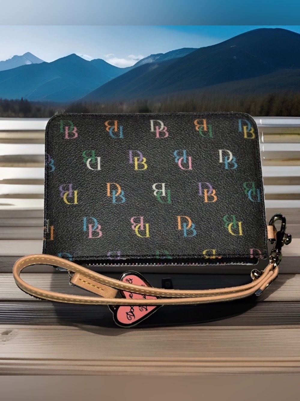 Dooney & Bourke Vintage Black Multicolor Logo Wristlet with Rainbow Zip with Box